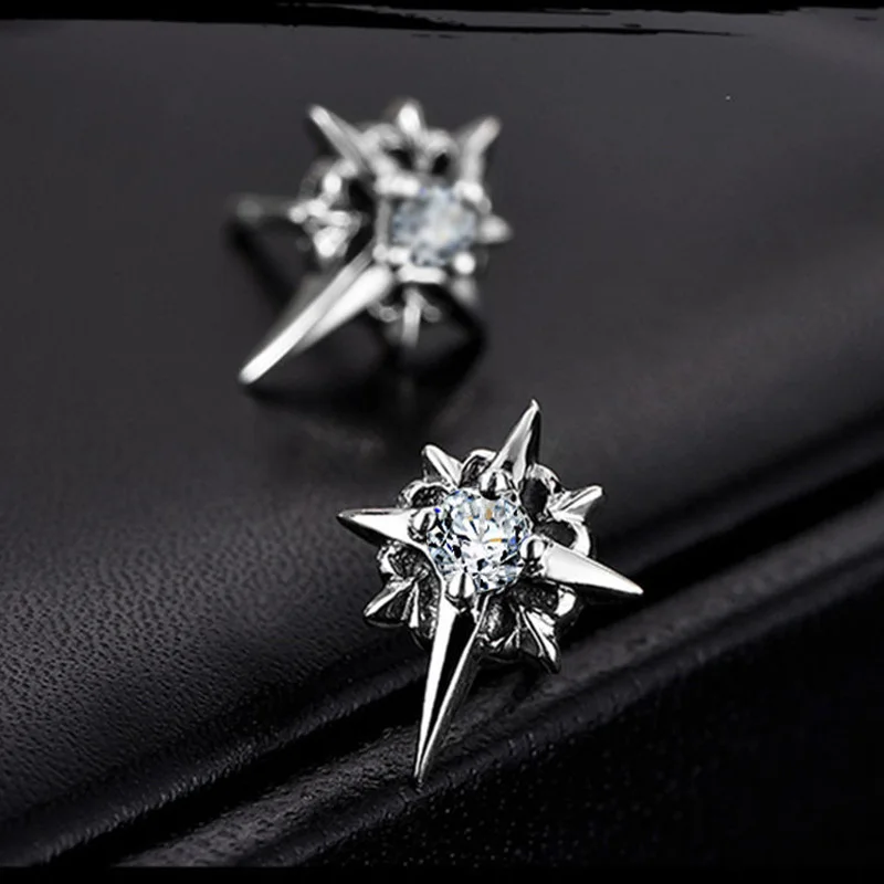 1Pair Black CZ Metal Star Earring Stud For Men Women Hip Hop Style Antique Silver Color Start Clear Crystal Couple Post Earrings
