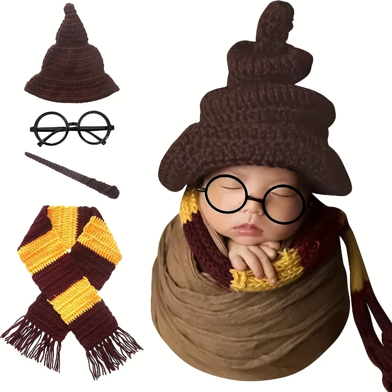 Halloween Photography Accessories Magic Wizard Witch Hat Scarf and Glasses Frame Decor Outfits Newborn Photoshoot Props Sets