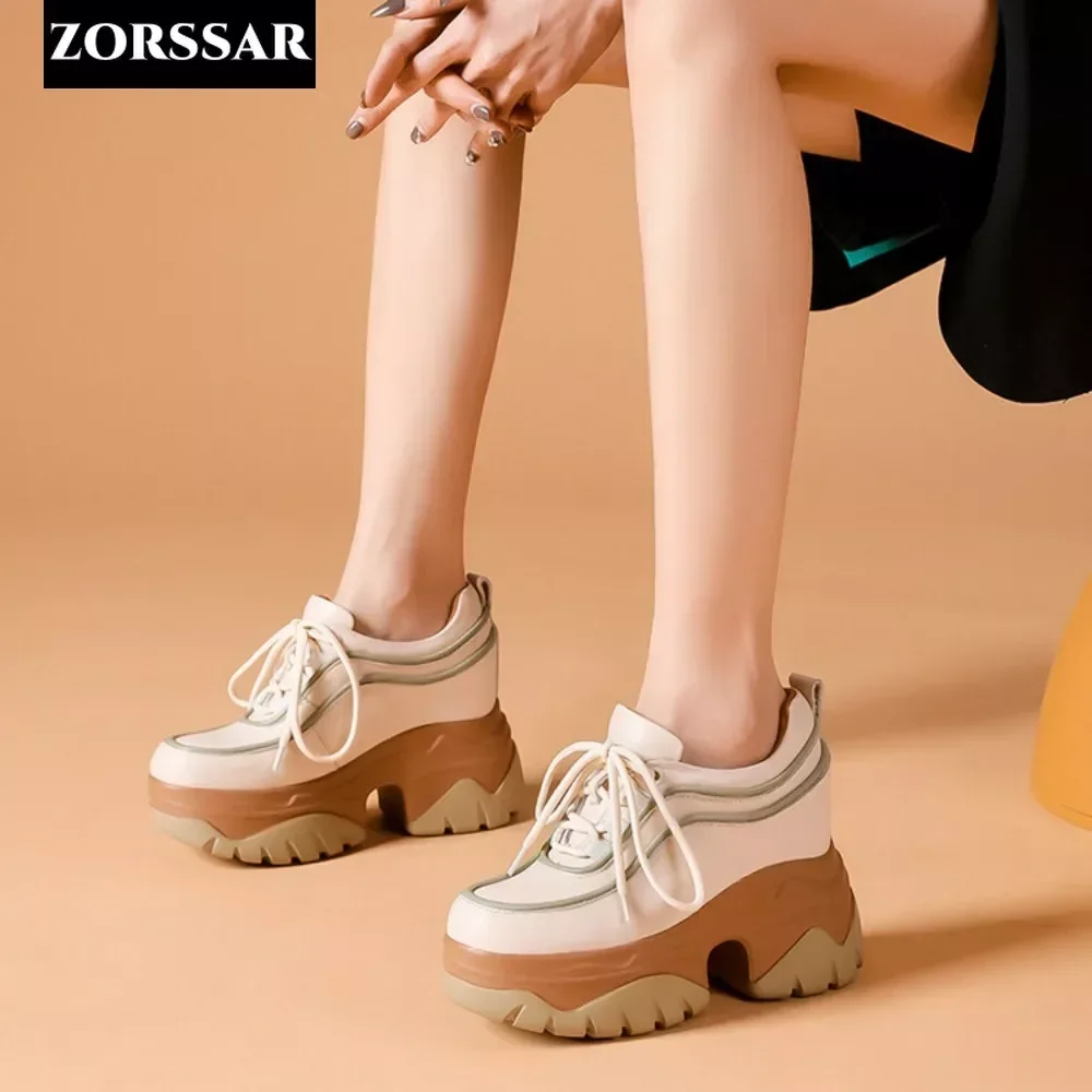 

Women Sneakers Increased Internal Platform Shoes 10cm Casual Footwear Leisure Leather Black Shoes 2024 Women's Vulcanize Shoes