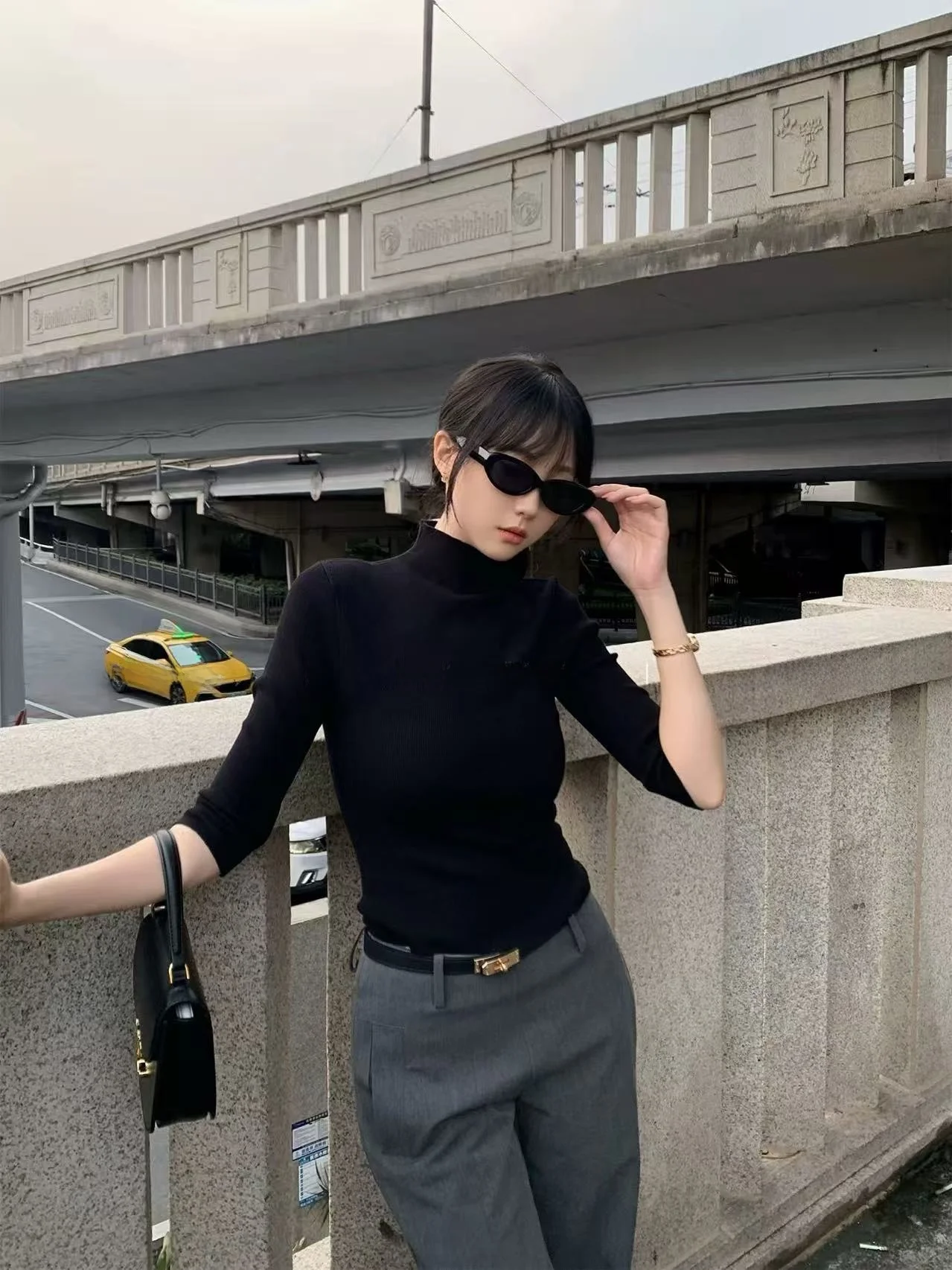 

WAYMODE Knitted Slim Fit Top Women's Early Spring High Collar Five Sve Base irt Soft Casual Sle Viscose Fabric