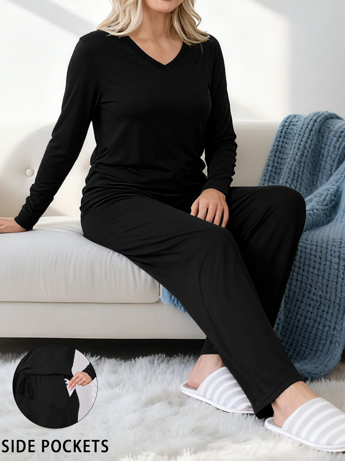 여성용 슈퍼 소프트 브이넥 파자마 세트