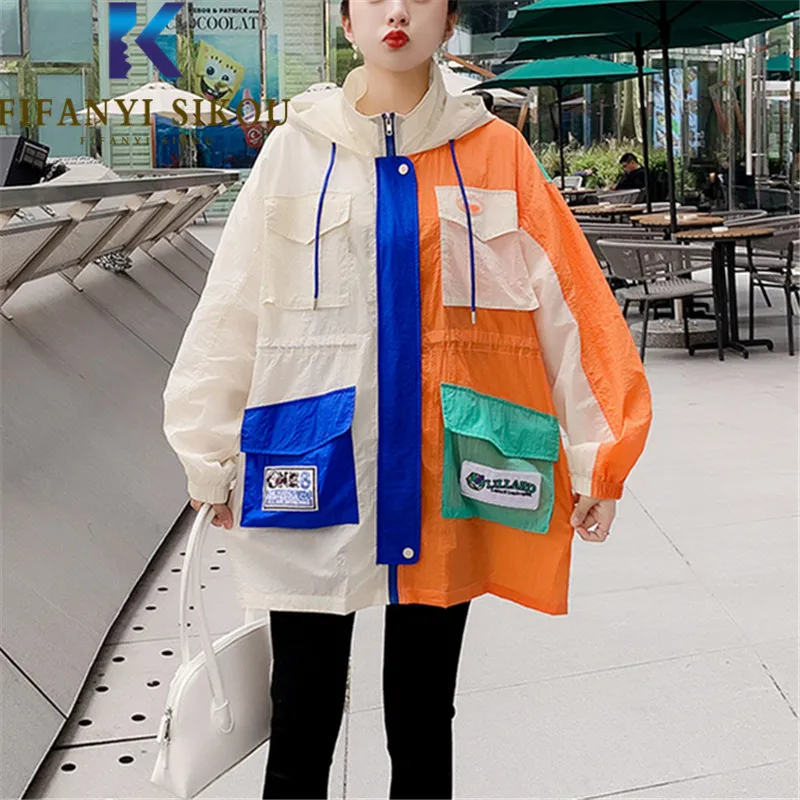 

2023 Summer Thin Sunscreen Jacket Women Multiple Pocket Zipper Hooded Windbreaker Mid Long Coat Fashion Patchwork Jacket Female