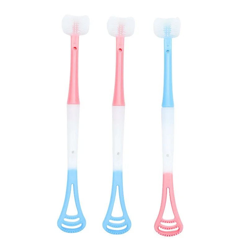 3D Stereo Três-Sided Toothbrush, ultra fino cabelo macio, raspador de língua, limpeza oral Escova dos dentes, PBT, 1Pc