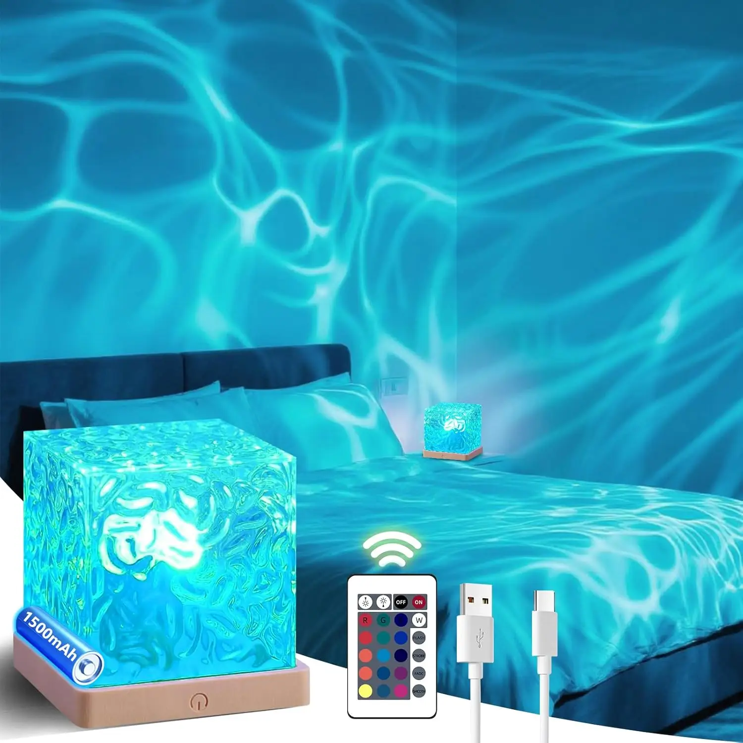 

Rechargeable Ocean Wave Light Projector, Touch Cube Lamp 16 Colors 4 Modes Dimmable for Bedroom Bathroom