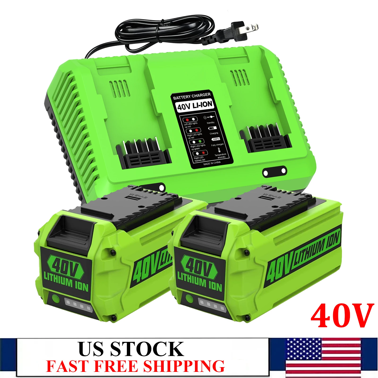 For Greenworks 40V 6.5Ah G-MAX Li-ion Battery Dual-Port charger for Cordless Power Tools
