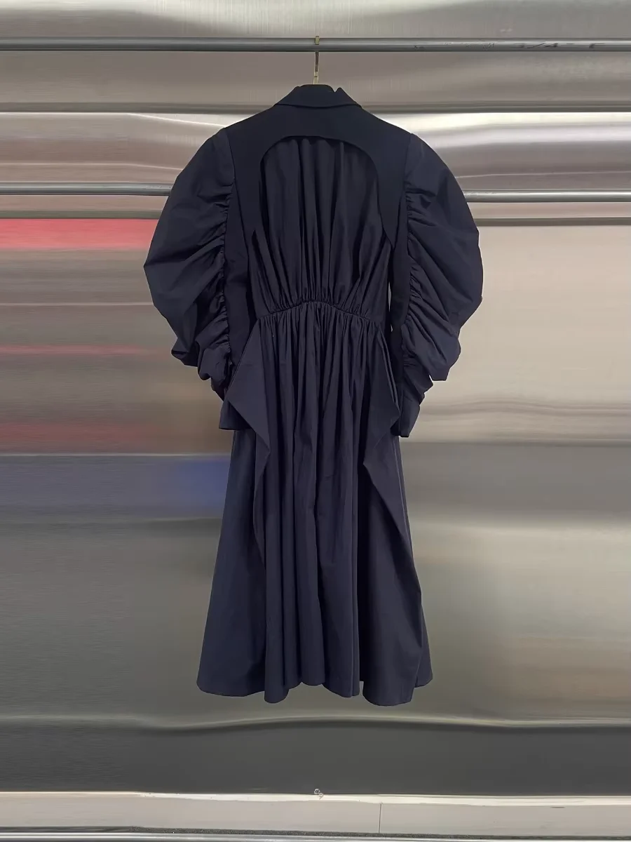 معطف VGH بتصميم عصري عتيق للنساء مع طية صدر السترة وأكمام منتفخة ومقسمة مزدوجة الصدر باللون الأزرق الداكن بطول ميدي سترات نسائية للخريف #4