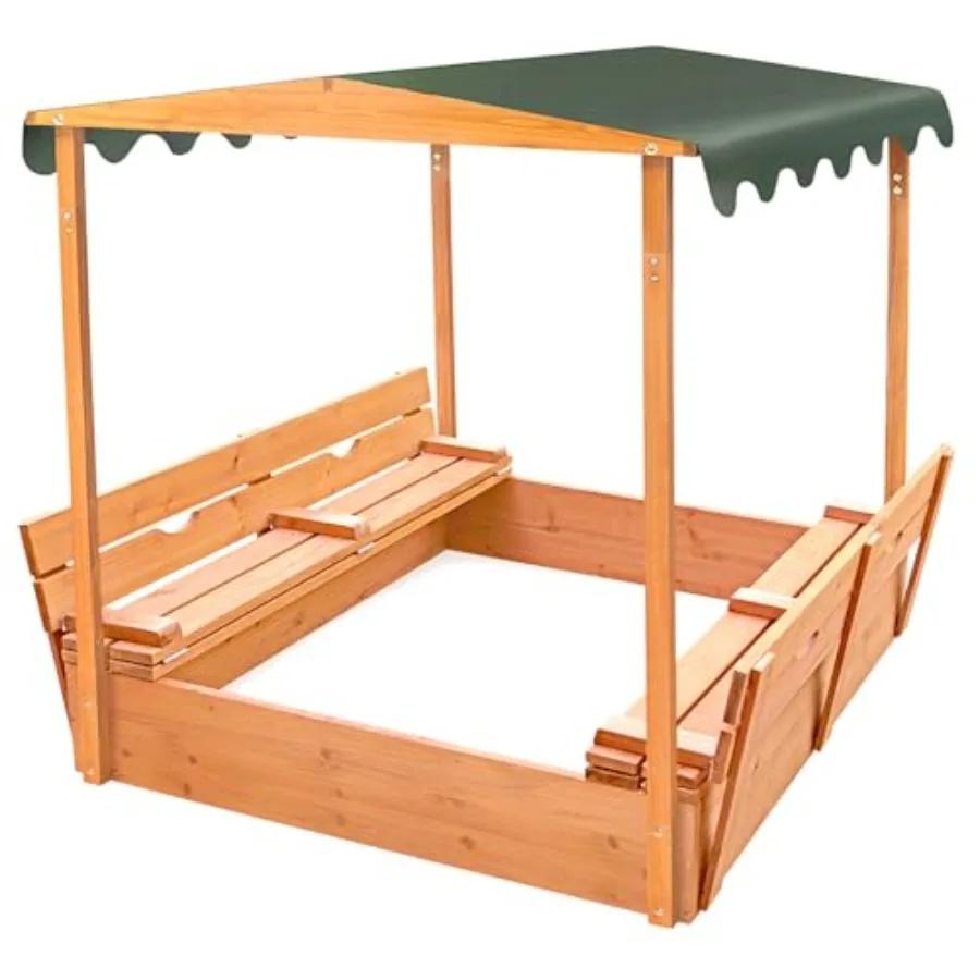 

Outdoor cedar sandbox with canopy and benches: natural wood beige shade convertible design with UV-protective lid and built-in