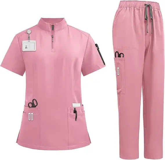 Summer Women\'s Frosted Suit Hospital Work Nurse Accessories Casual Stand-up Collar Zipper Short-sleeved Medical Uniform