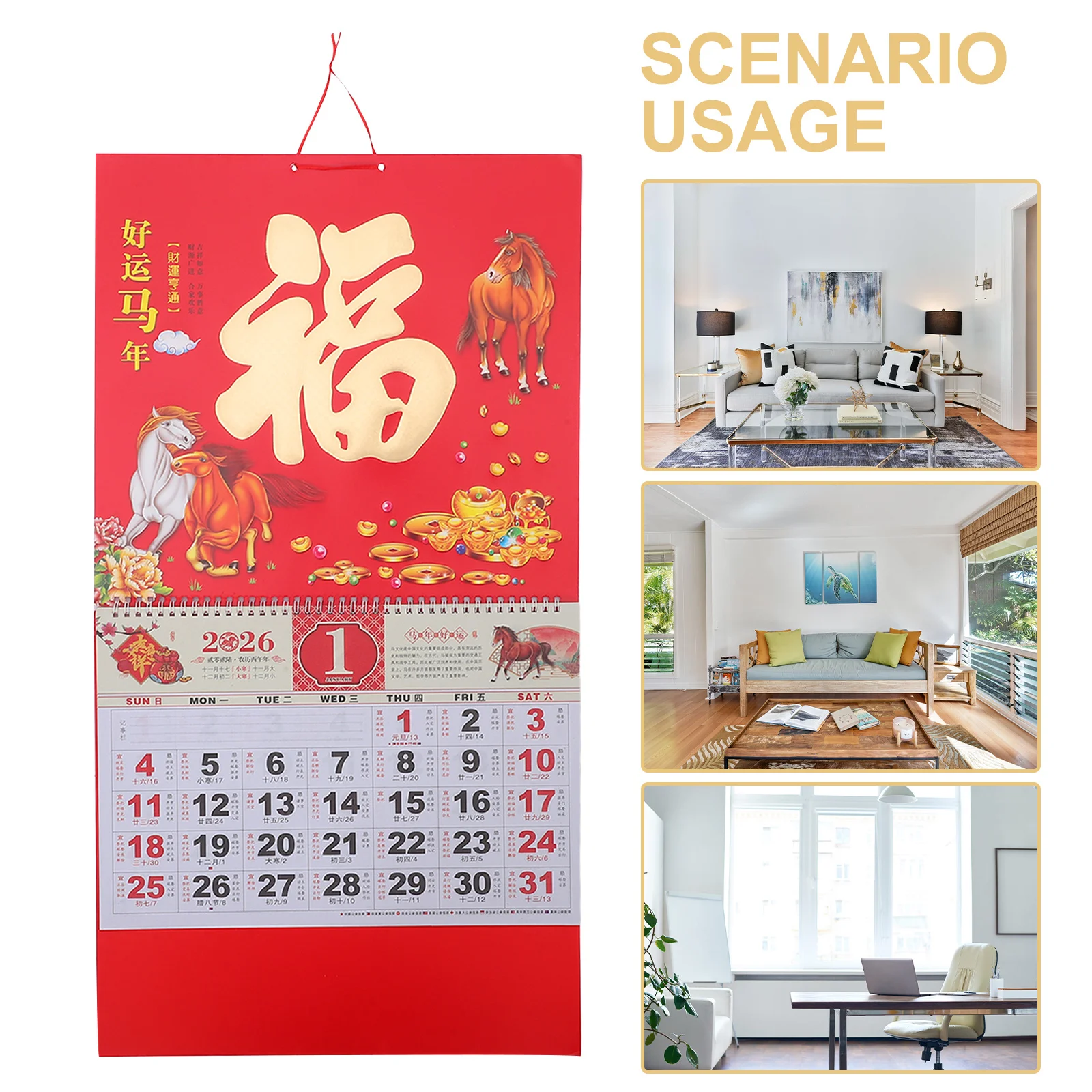 Kalendarz Księżycowy Chiński na Rok 2026, Rok Konia, Dekoracja Wisząca na Nowy Rok, Złota Folia, Znak Fu, Planer Miesięczny, 68x36,4cm
