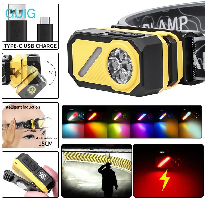 

RGB Sensor Headlamp LED Head Flashlight Rechargeable Headlight Head Torch Built-in Battery 5 Modes Fishing Camping Lantern