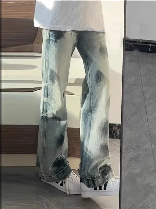

Мужские джинсы Waed Distred Ink Splatter в американском уличном стиле, прямые, слегка расклешенные, повседневные, молодежные, модные