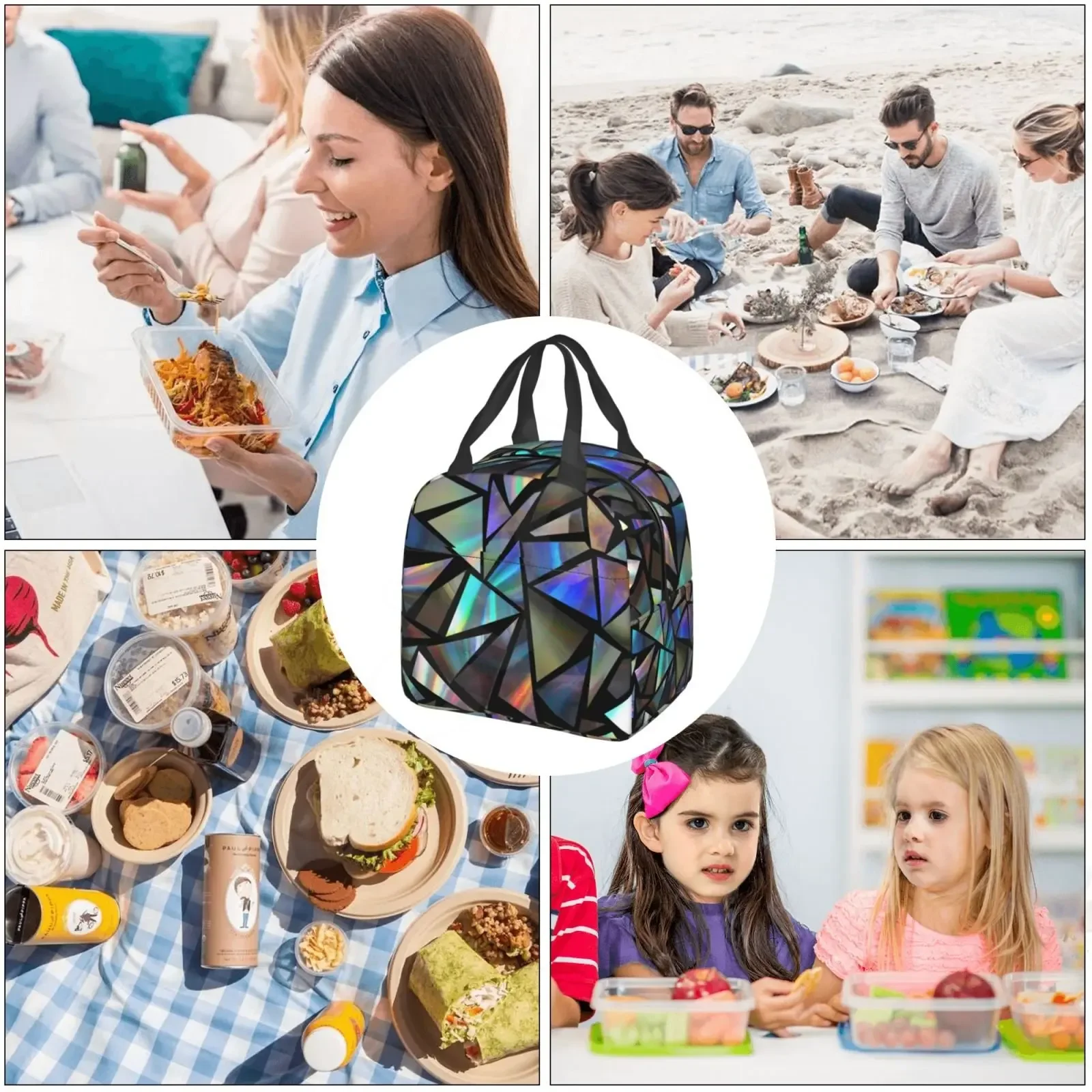 Lines Green Iridescent Holographic Triangles on Black Abstract Futuristic Pattern Blue Crystal Glam Insulated Lunch Bento Bag