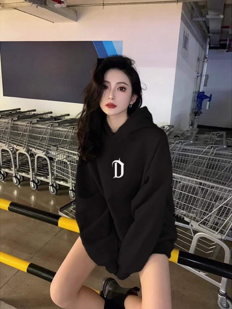 

Retro American Bla Hoodie Women's Spring Autumn Oversize Design Original Mid-Length Butt Covering Top Sweet Japanese Sle