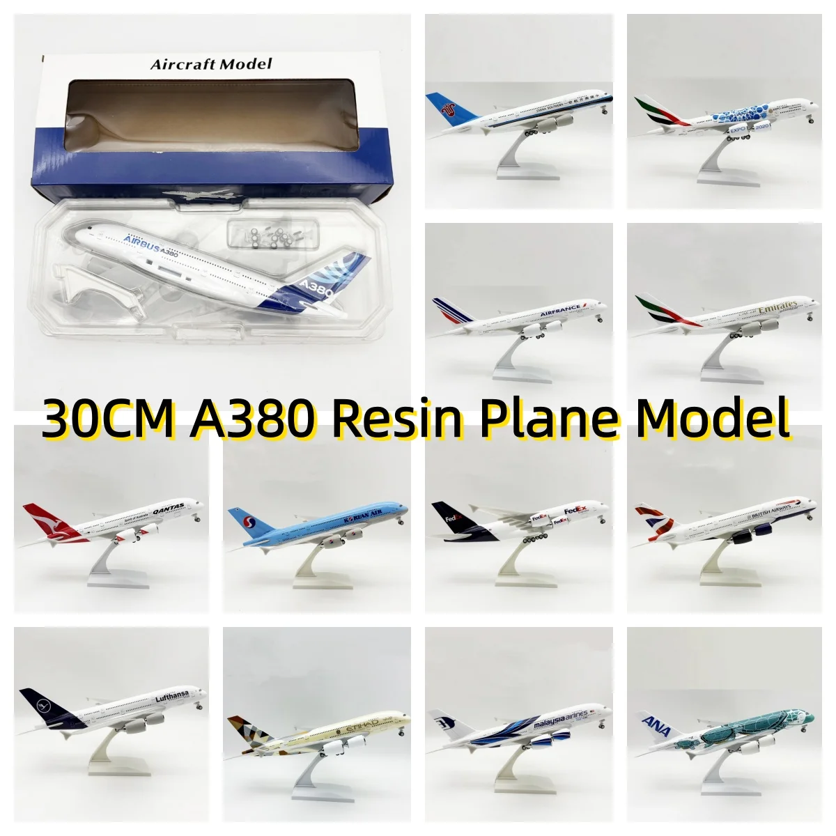 

A380 Plane Model 30CM Series 1/240 scale Aircraft Resin Collectible Airplane Models With Wheels Toy planes Collected Gift