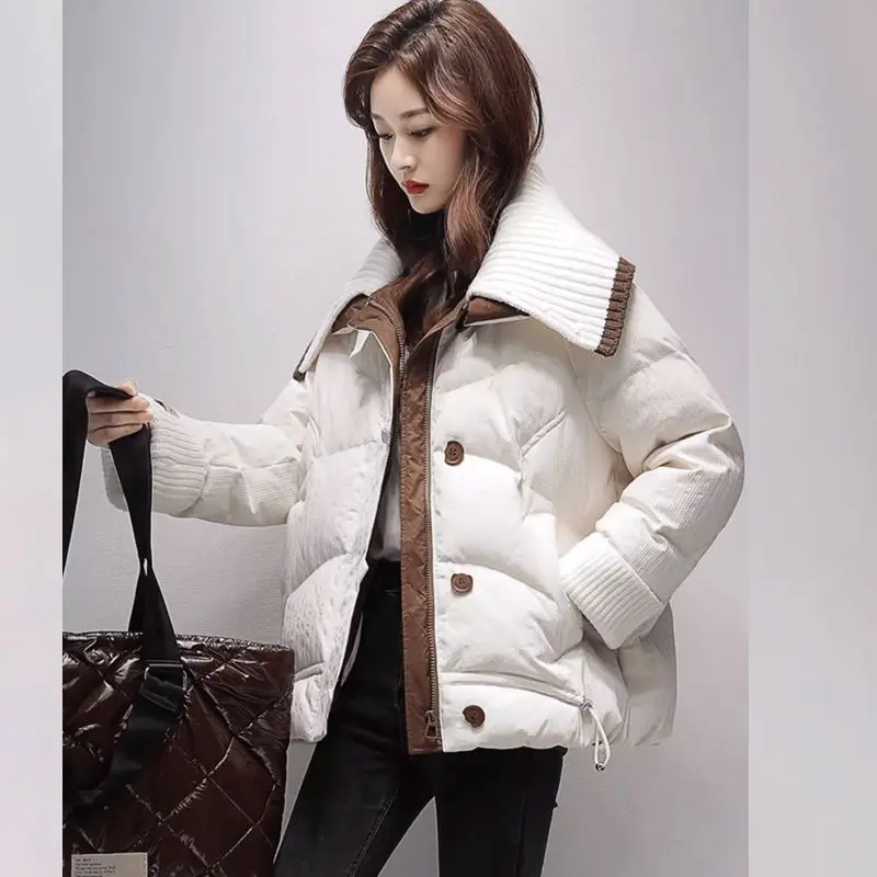 Women Down Cotton Jacket New Fashion Knitted Splicing Turndown Collar Winter Korean Thick Warm Parkas Overcoat Female Cotton