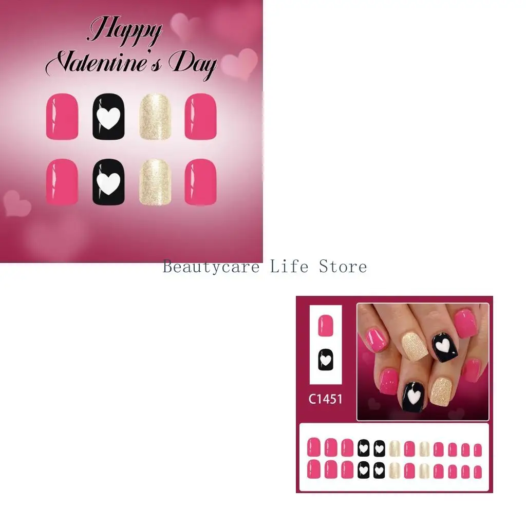 

652C 24 шт., романтические блестящие сердечки, французский кончик, накладные ногти, короткие искусственные ногти