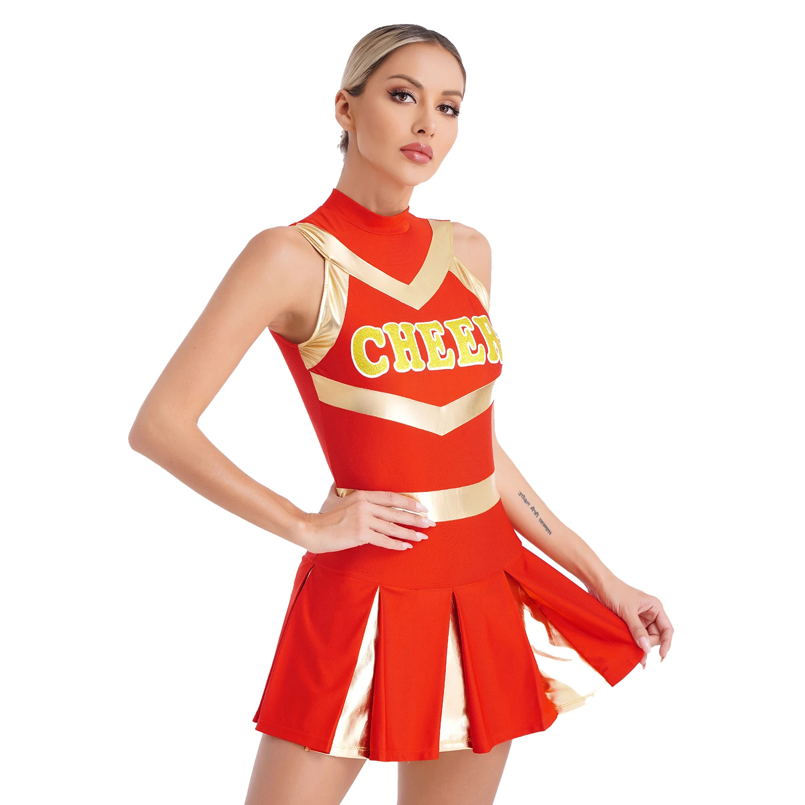 Women Cheerleading Dance Performance Costume Sleeveless Print Leotard Dress Sports Meeting Basketball Match Party Cheer Uniform