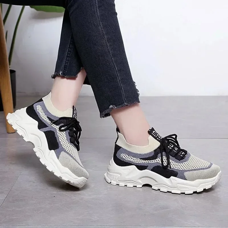 2026 Hot Sales Women's Breathable Flying Woven Sneakers, Casual Lace Up Platform Shoes, Lightweight Mesh Low Top Running Shoes