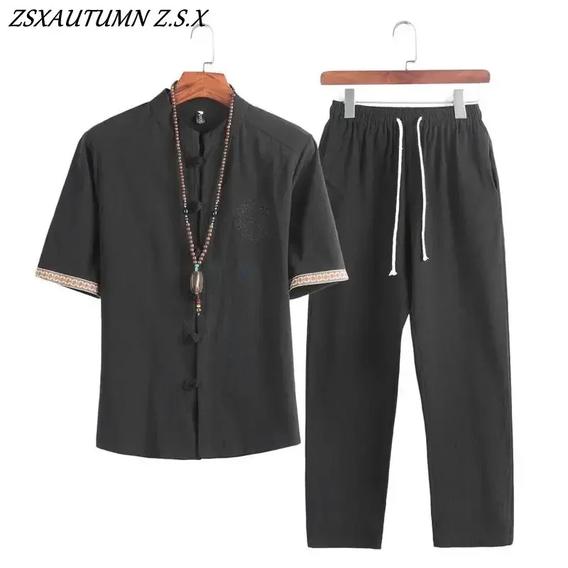 Summer Chinese Style Linen Tang Suit Traditional Clothing Men Shorts Tai Chi Uniform Retro V-neck Short Sleeve Shirt Pants Set