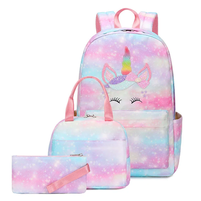 Mochila escolar con estampado de arcoíris para niñas, conjunto de tres piezas, bonita bolsa de libros con estampado de dibujos animados para Primaria, 2023