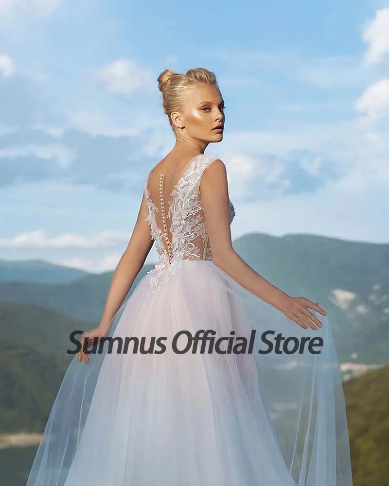 Sumnus boho vestido de casamento manga profunda rendas apliques vestido de noiva robe de mariee 2022 botão ilusão tule vestidos de casamento