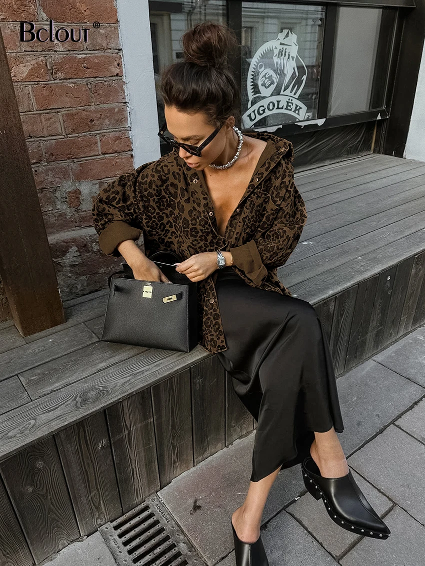 Bclout Autumn Cotton Leopard Coats Women Fashion Brown Long Sleeve Loose Jackets Streetwear Pockets Single Breasted Female Coats