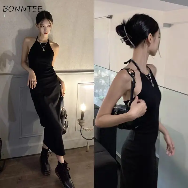 Summer Dress Women Hot Girl Elegant Halter Backless Slim Simple Famous Lady Korean Style Sundress Midi Streetwear Vestidos Ins