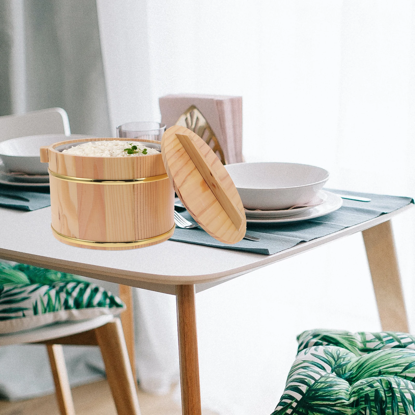 

Wooden Rice Hangiri Oke Meal Basket Container with Lid Stainless Steel Steam Miss Steamer Steamed Buckets for