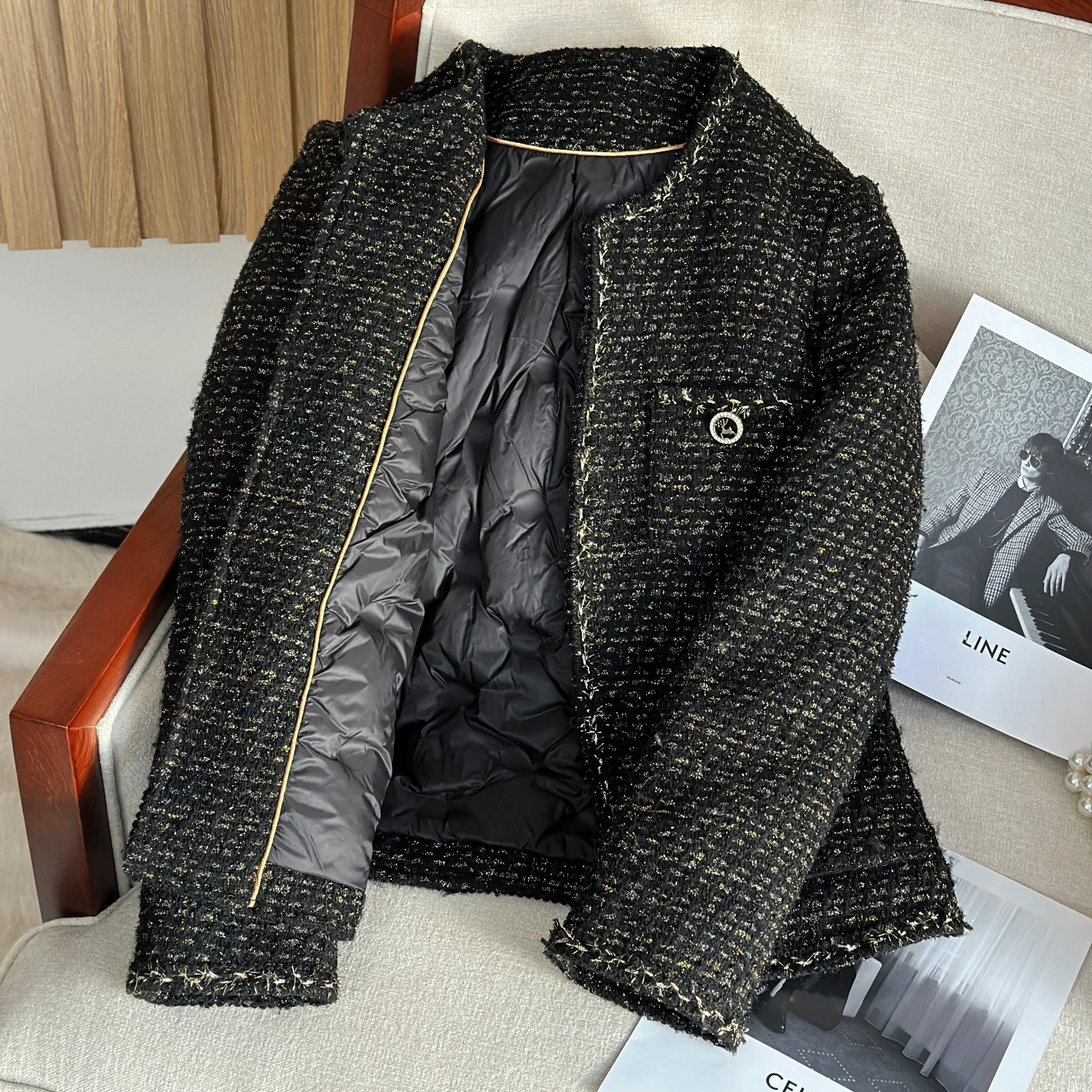   가을 겨울용 양모 트위드 안감이 있는 패셔너블한 헤비웨이트 퀼팅 다운 재킷 세트