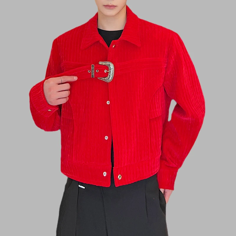 Chic Men Jacket Red Velvet Buckle Casual Crop Coats Lapel Long Sleeve Solid Color Streetwear Loose Vintage Suit Jackets