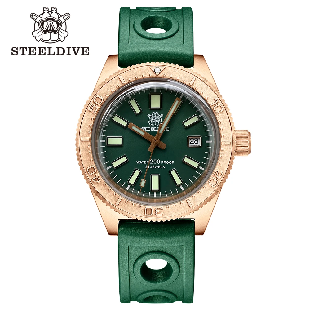 STEELDIVE Brand SD1962S 41.9mm Solid Bronze C3 Green Luminous Sapphire Glass NH35 Automtic 200M Waterproof Mens Dive Watch Reloj