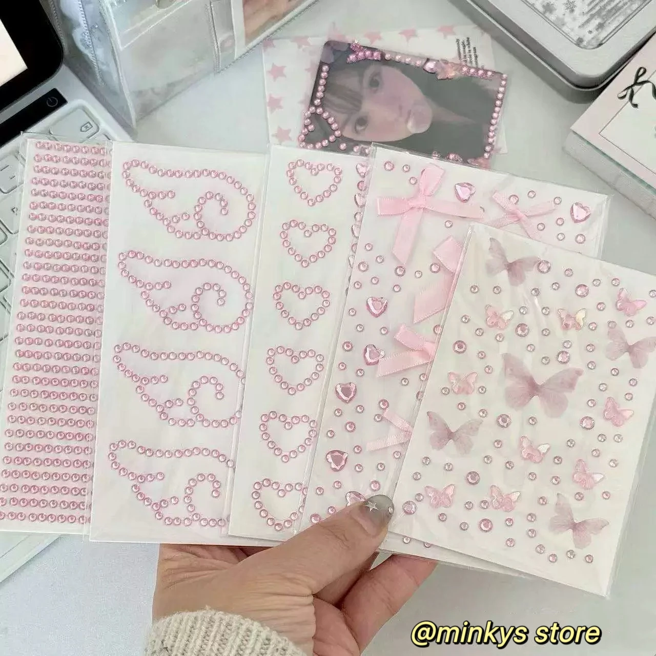 4pcs/Pack Kpop Photocard Deco Stickers Pink Silver Rhinestone Angel Wings Star Heart 3D Stickers Bling DIY Scrapbooking Stickers