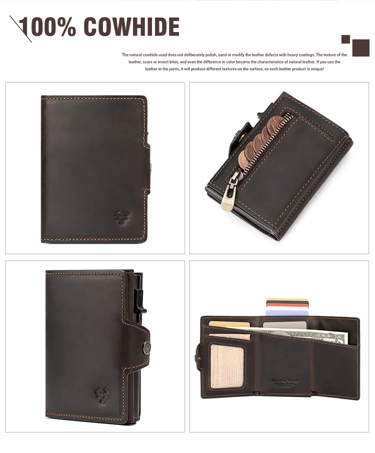 HUMERPAUL Herren-Kartenhalter mit Geldfach, Crazy Horse-Leder, Pop-Up, minimalistische Geldbörse, RFID-blockierendes, schlankes Bankkartenetui aus Metall – Detail 11