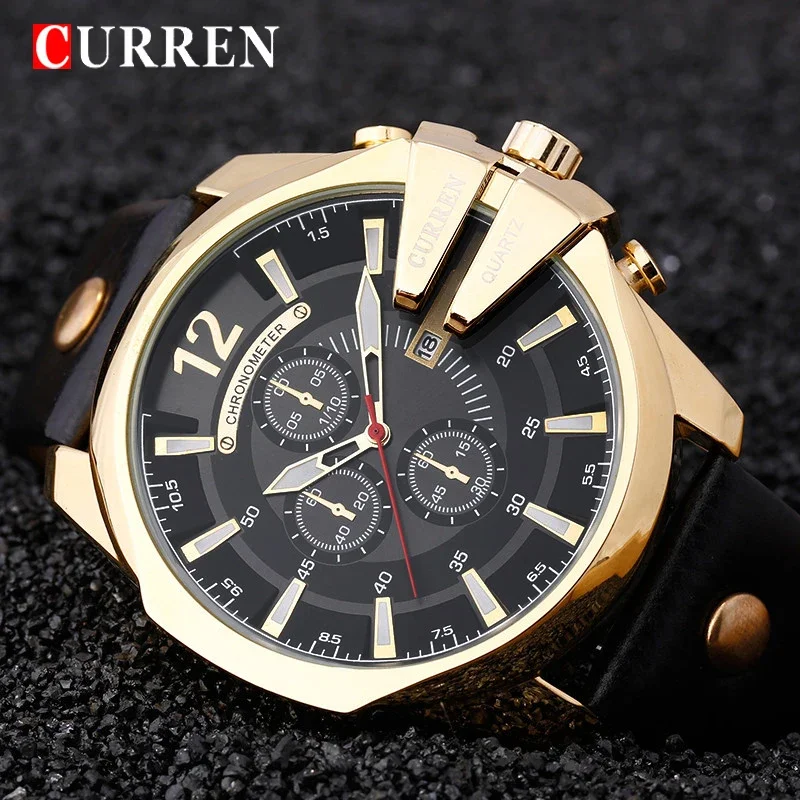 Curren 8176 Men Watches Top Brand Luxury Gold Male Watch Fashion Leather Strap Outdoor Casual Sport Wristwatch with Big Dial