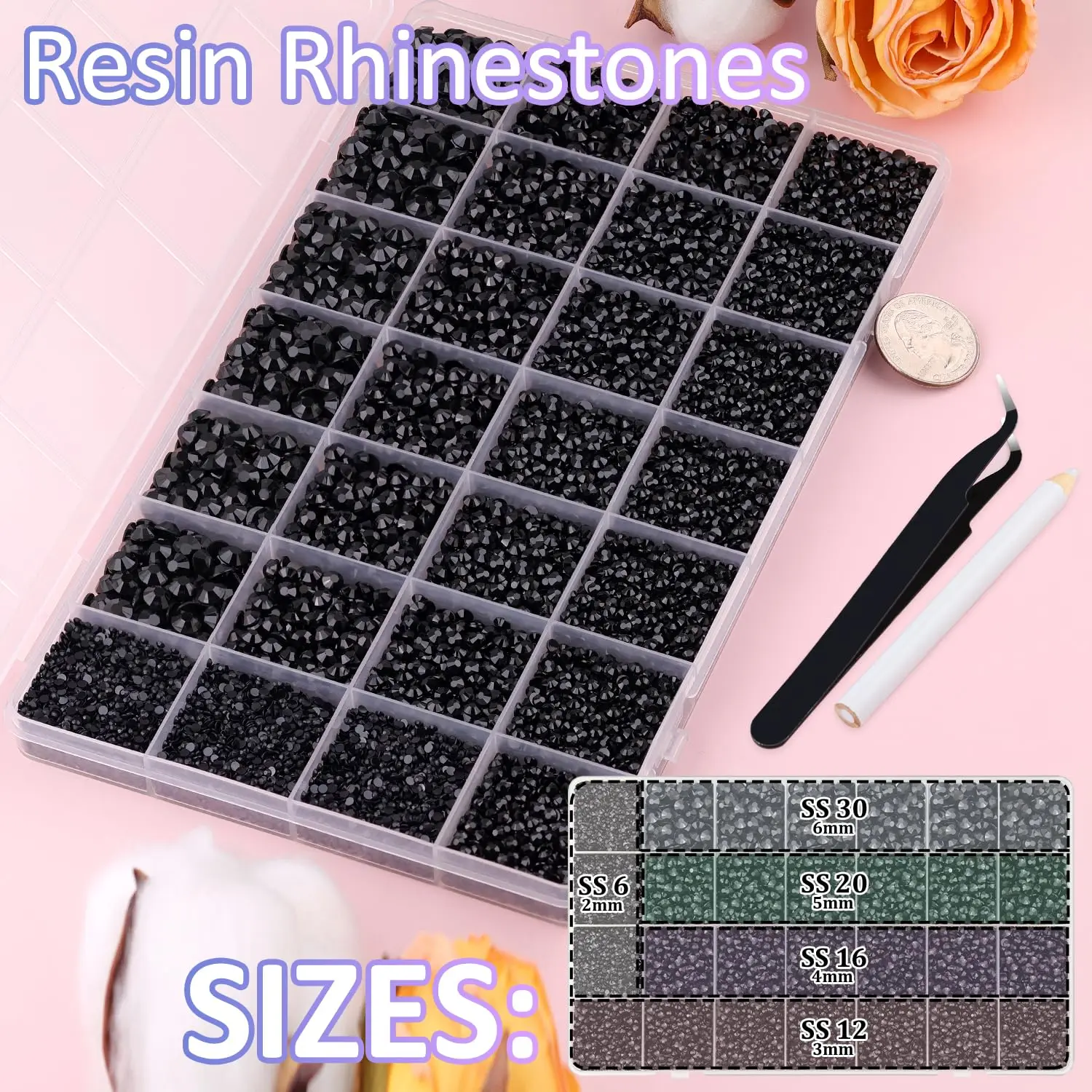 18000PCS Resin Flatback Rhinestones, Black 2-6mm Non Hotfix Craft Gems with Pick Pen Tweezers Spoon Trays, Nail Bedazzling Kit