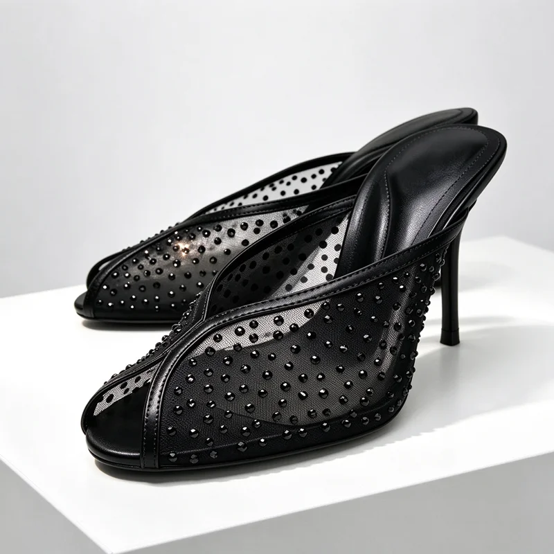 Luxury Rhinestone Detail Mules Sandals Women Sexy Peep Toe High Heel Slippers for Ladies Elegant Banquet Shoes Summer Mesh Shoes
