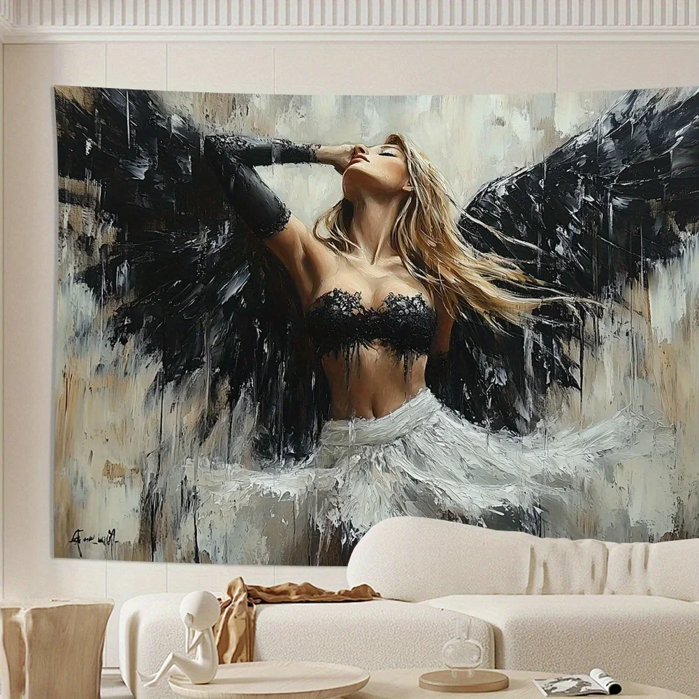 Vintage Angel with Black Wings Wall Tapestry, Polyester Art Deco for Living Room Bedroom Office Party-Creative Gift