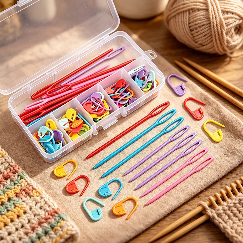 1-10 Boxen 61-teiliges Set Farblich Gemischte Kunststoff-Harz Maschenmarkierer Häkel- und Stricknadeln DIY Näh- und Webwerkzeug-Set