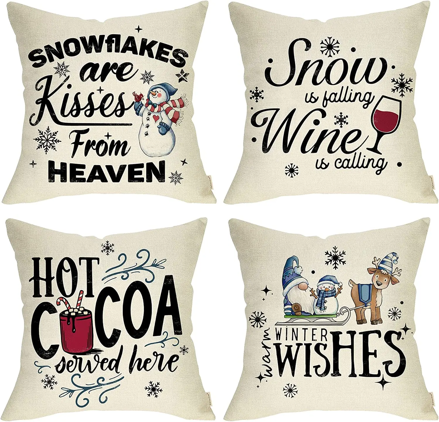 

Fahrendom Winter Wishes Gnome Snowman Decorative Pillow Covers Snowflakes Are Kisses from Heaven Blue Christmas Throw Pillowcase