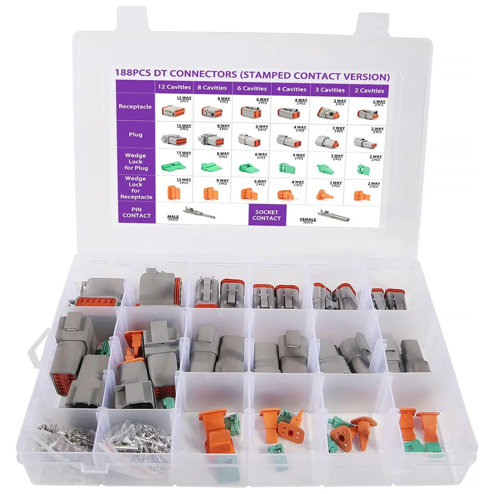 

188PCS (12 Sets) Deutsch DT Connector Kit, 2 3 4 6 8 12 Pin Automotive Waterproof Connectors with Size 16 Solid Contacts for Car