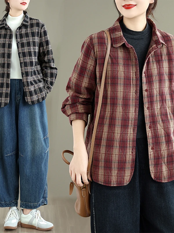 Retro Pure Cotton Plaid irt Women's Loose Fit Casual Long Sve Outerwear Autumn New Sle Slimming Versatile Coat