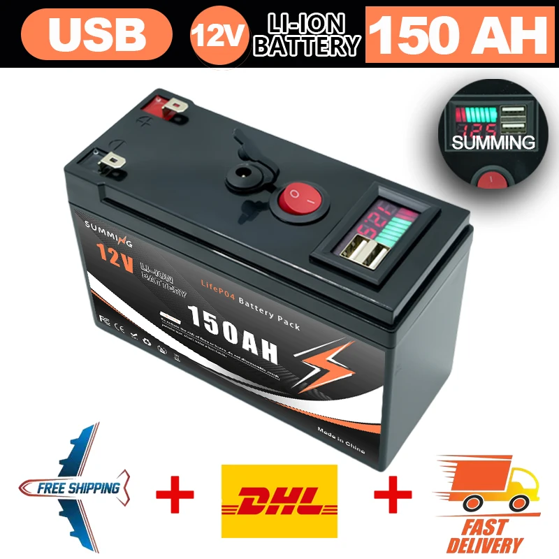 

12V 150Ah Lithium LiFeP04 Battery for Solar Charging,Fish Finder Marine Outdoor Camping Off-Grid Applications with USB Port