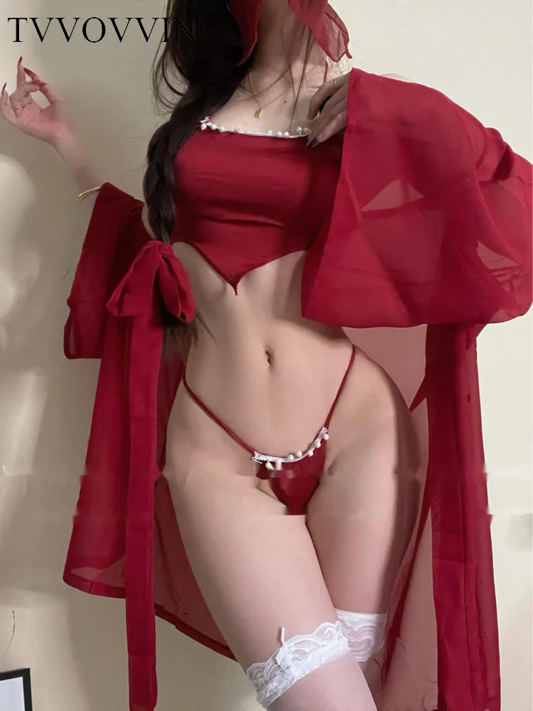 Exotic Red TVVOVVIN Retro Pearl Tank Tops Halter Bellyband And T-back Long Mini Shirt Nightdress Pajamas KX8V