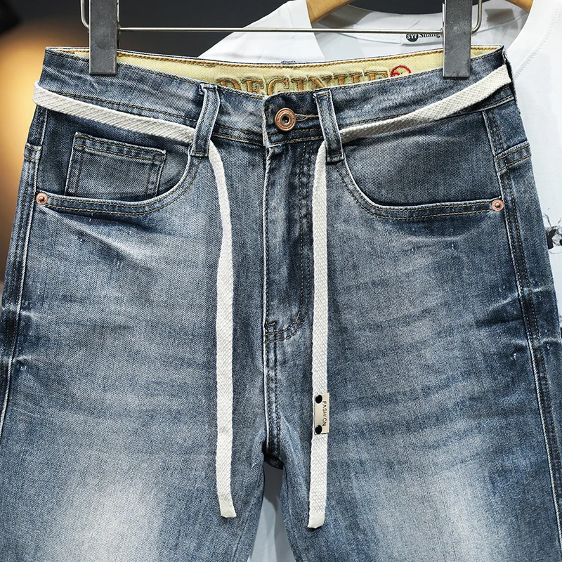 2024New Versatile Summer Thin High-End Denim Shorts Men's Stretch Casual Fashion Printing Loose Straight Fifth Pants