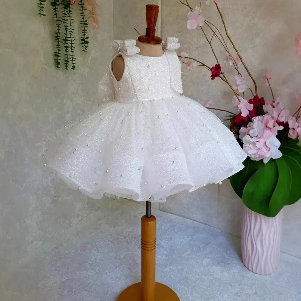 Großhandel: Weißes Blumenmädchenkleid für Hochzeiten, Tüll, Perlenärmel, Geburtstag, Festzug, Erstkommunion, Bankett, Kleid nach Maß – Detail 5