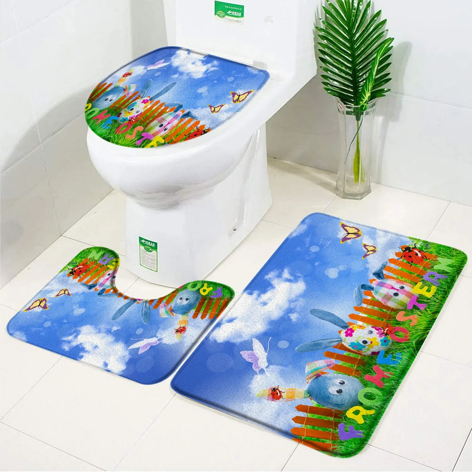 Coloured Eggs Bath Mat Set Grassland Blue sky Easter Day Bathroom Decoraction Anti Slip Bathroom Rugs and Carpet Set Toilet Lid