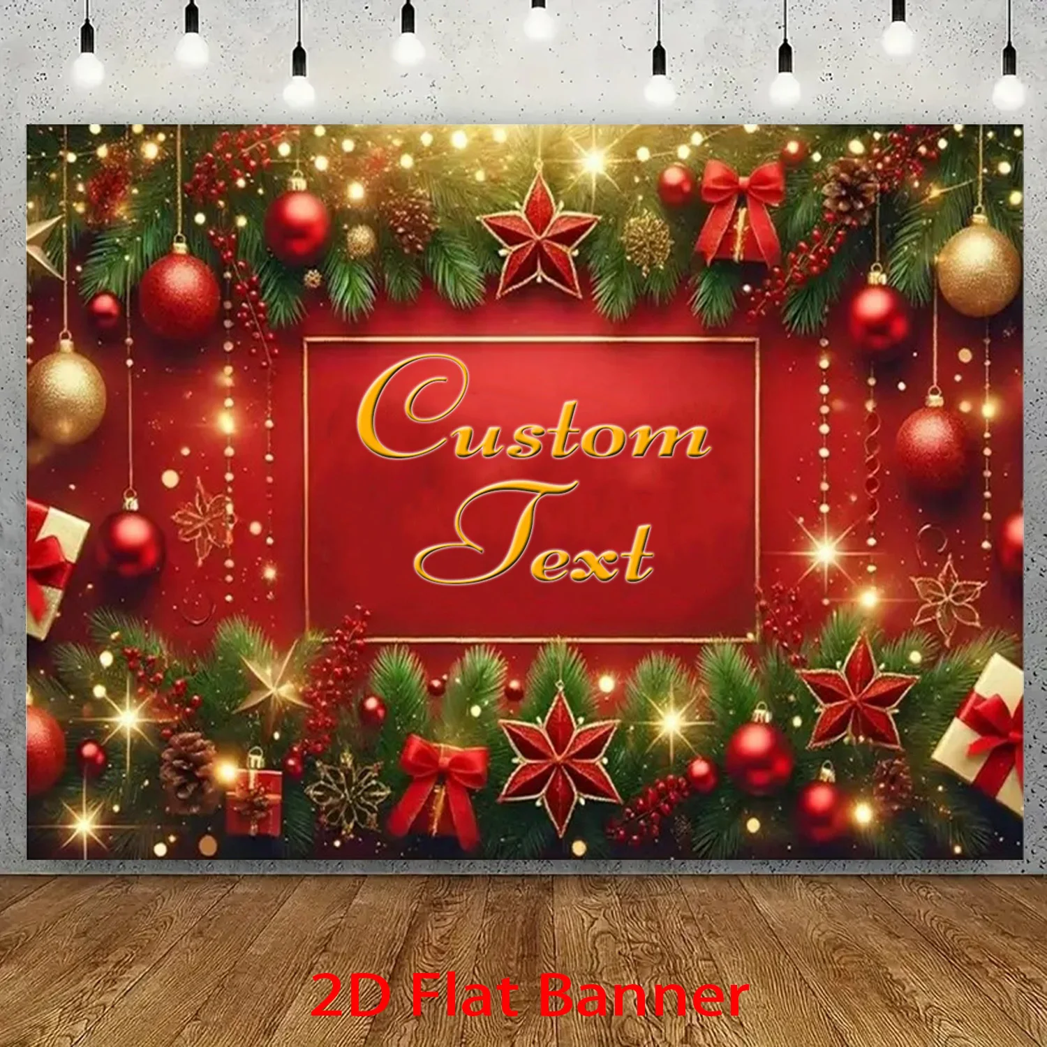 2D Flat, 1pc Personalized Christmas Backdrop Custom Holiday Banner - Red and Golden Party Wall Decor for Wedding Birthday Corpor