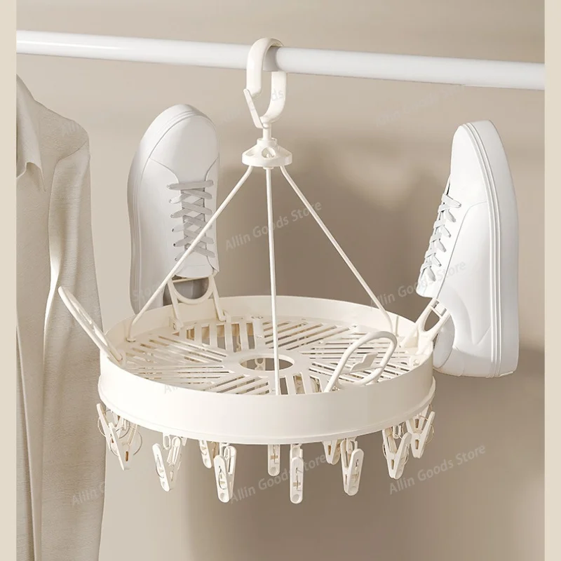 Multi-functional Plastic Round Square Sock Clamp,coat Hanger  Foldable Balcony Underwear Drying Rack, Household Windproof