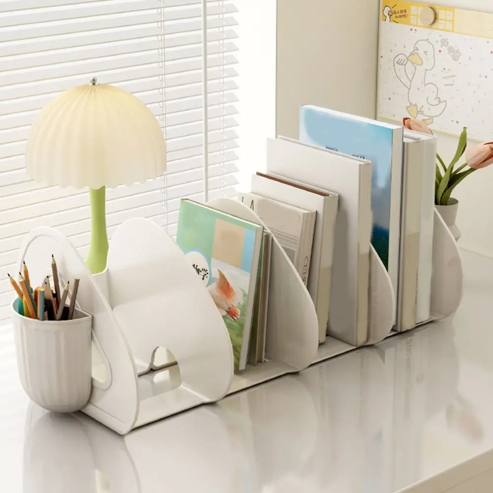Práctico soporte de plástico para libros de escritorio, transparente con asa, soporte para libros dividido, ahorra espacio, estante de almacenamiento de escritorio para el hogar