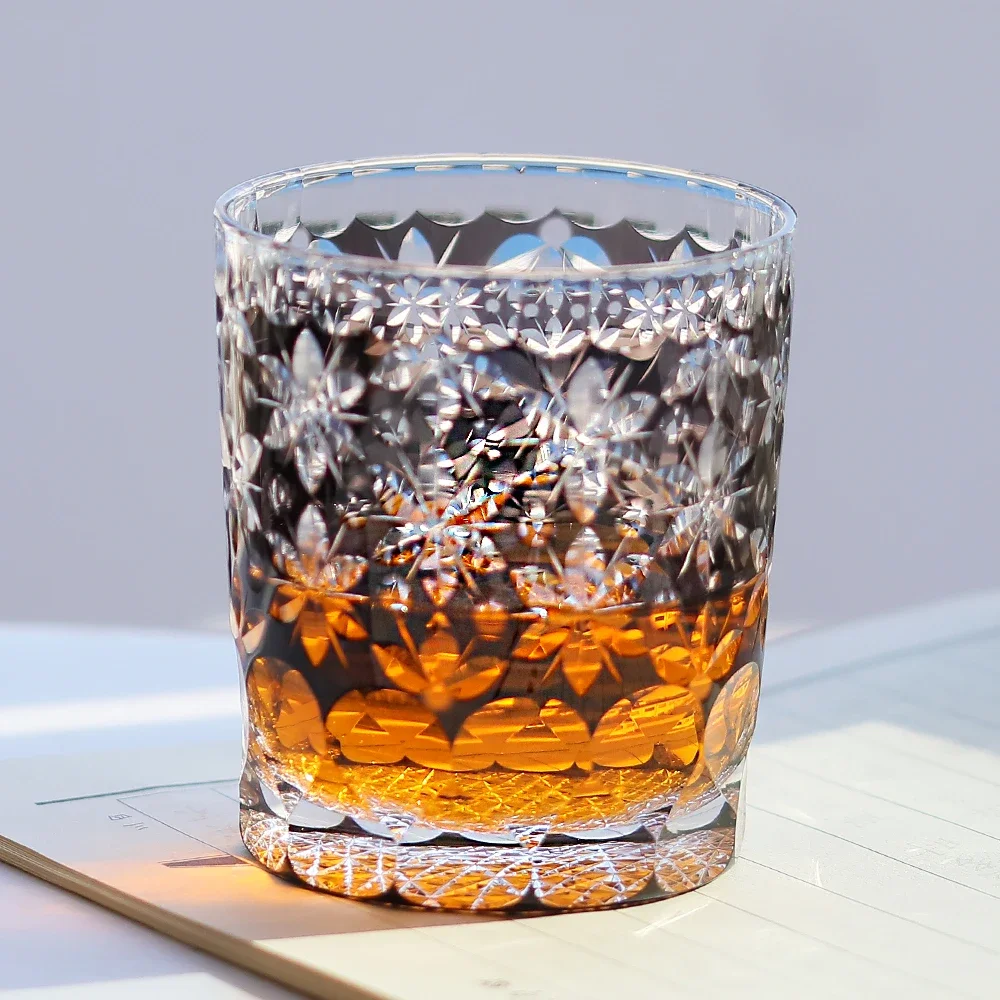 Handmade Japanese Edo Kiriko 250ml Tumbler - Black Floral Cut Crystal Cup for Sake & Whisky